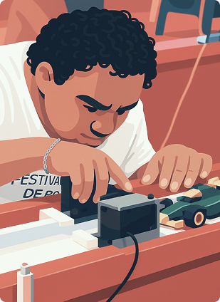 Ilustração de um homem de camiseta branca com as mãos sobre uma pista de corrida, aparentemente ajustando um dos carros de robótica. Ele olha atentamente para a pista.