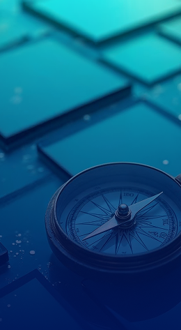Uma bússola prateada com a agulha apontando para o norte está sobre um teclado de computador preto com iluminação azul-turquesa nas teclas.