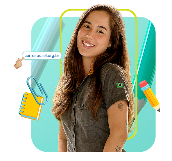 Uma jovem estudante de pele branca, sorridente, com cabelos longos e castanhos veste uma camiseta verde. Ela está dentro de um contorno de smartphone branco com detalhes em azul e amarelo, como se estivesse saindo da tela. Um post-it amarelo com um desenho de um polegar para cima e a frase "Parabéns por..." está parcialmente visível no canto superior esquerdo do contorno do smartphone. Um lápis amarelo e laranja está desenhado na parte inferior direita do contorno.