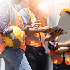 Três fotos de trabalhadores da construção civil usando equipamentos de segurança. A primeira imagem mostra uma mulher sorridente com capacete e colete refletivo, segurando um walkie-talkie. A segunda imagem mostra um grupo de trabalhadores discutindo com capacetes e coletes refletivos. A terceira imagem mostra um homem sorridente com óculos de segurança e colete refletivo, segurando um nível de bolha.