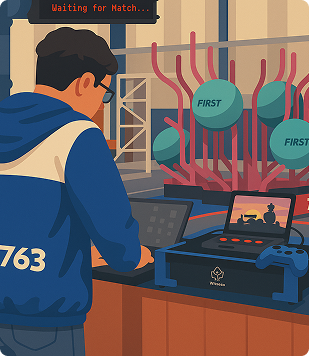 Ilustração de um jovem de óculos e moletom azul, usando um laptop. Ao fundo, uma área de robótica com esferas verdes e um monitor exibindo a mensagem "Waiting for Match...".